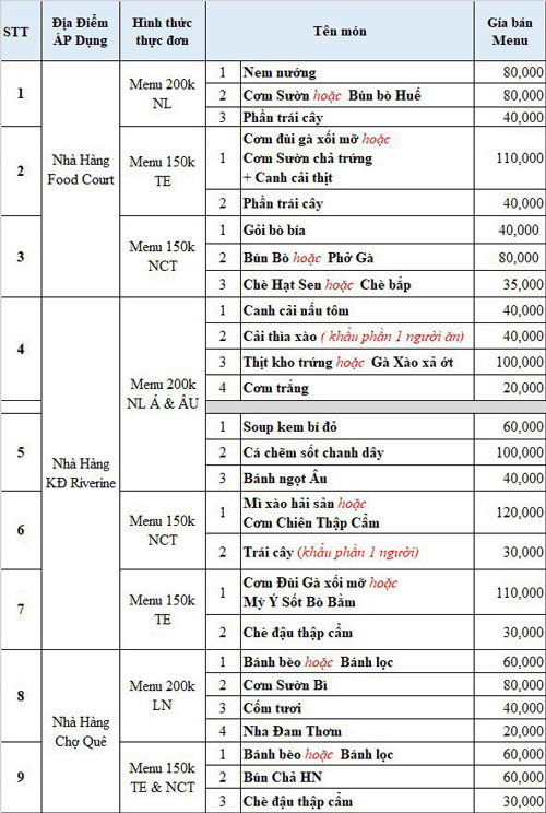 menu ẩm thực trong công viên 